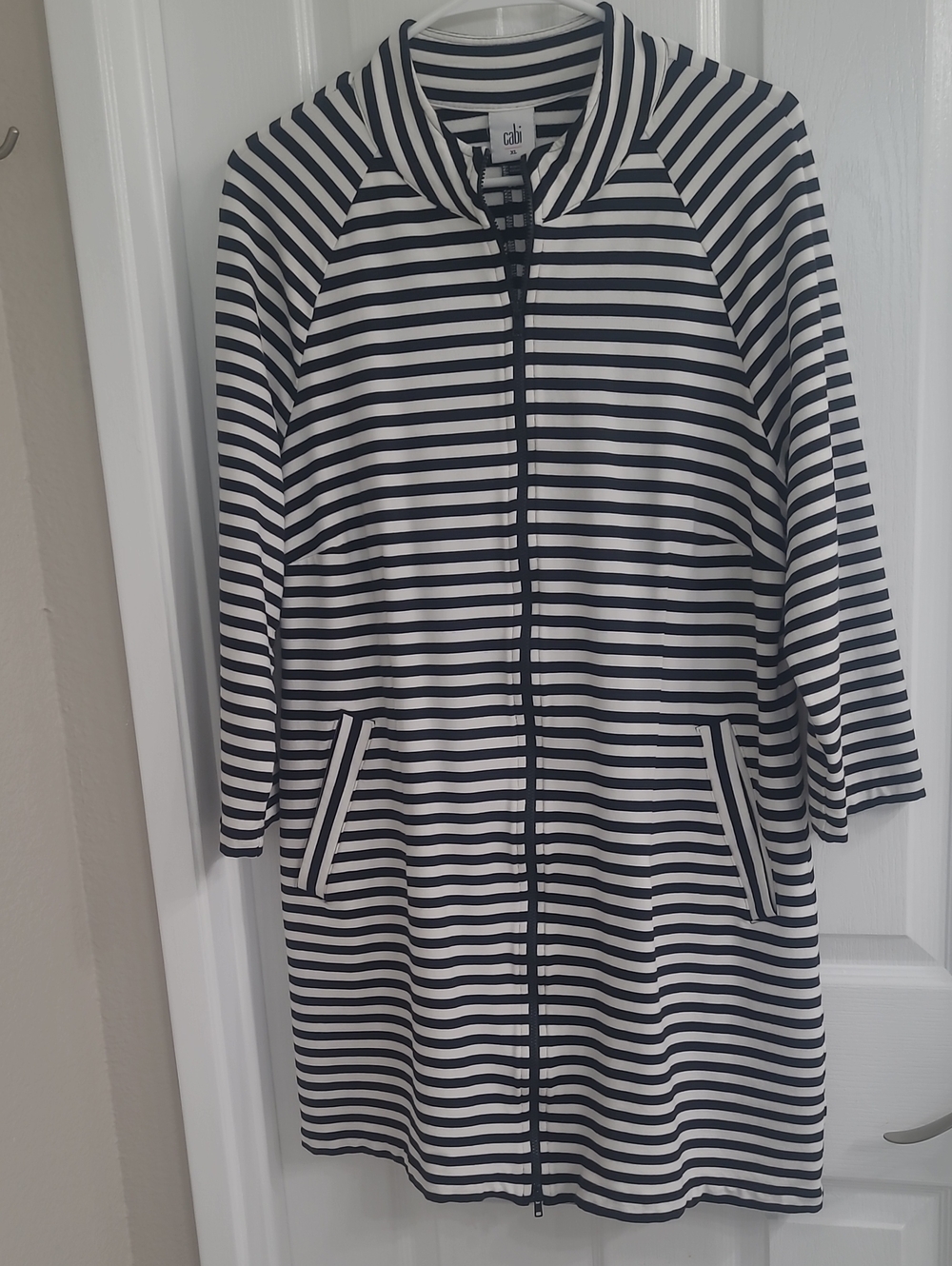 CAbi Black and White Striped Zip-Front Jacket